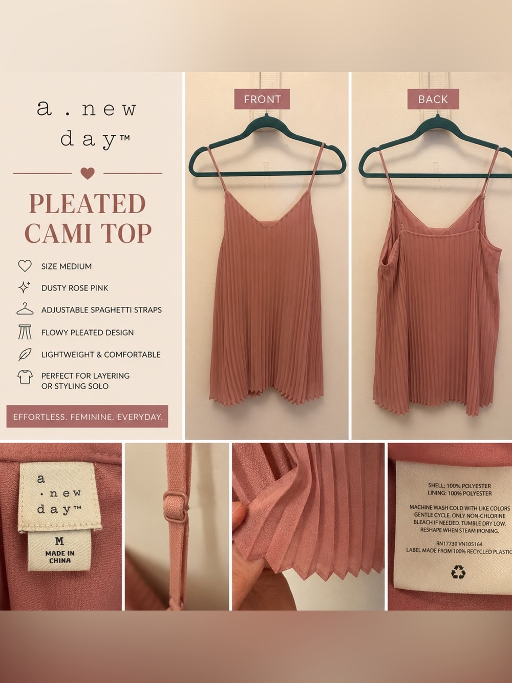 a new day Pleated Cami Top in Dusty Rose Pink